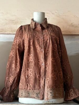 Blouse Brokat Wanita Coklat Bordir Bunga